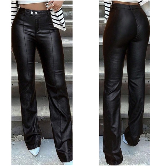 Luxe Black Vegan Leather Stretchy High Waisted Pants - Picture 1 of 3